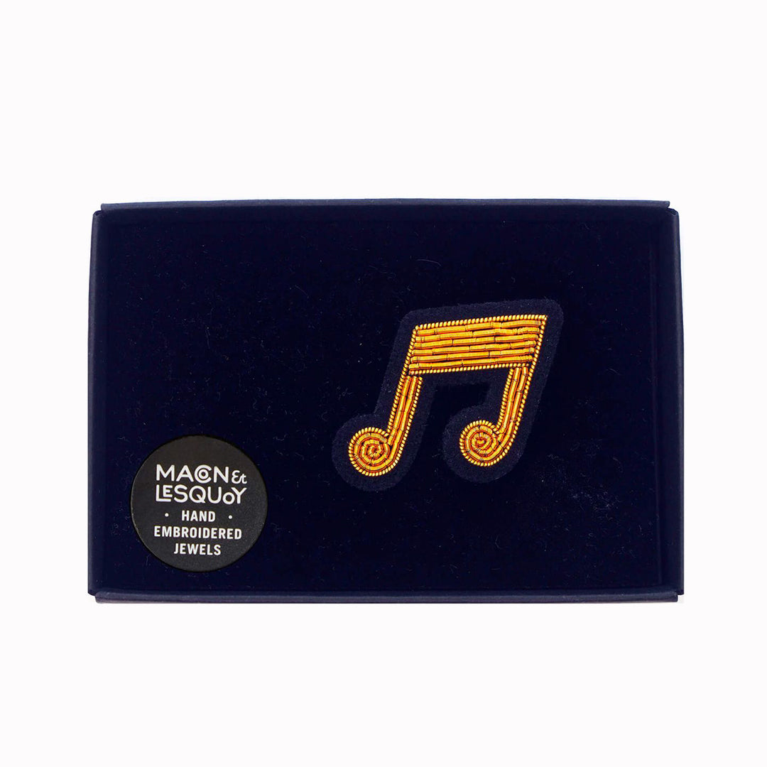 Golden Musical Note hand embroidered lapel pin  in a presentation box From Macon & Lesquoy, French Hand Embroidered badges and patches using Cannetille thread.