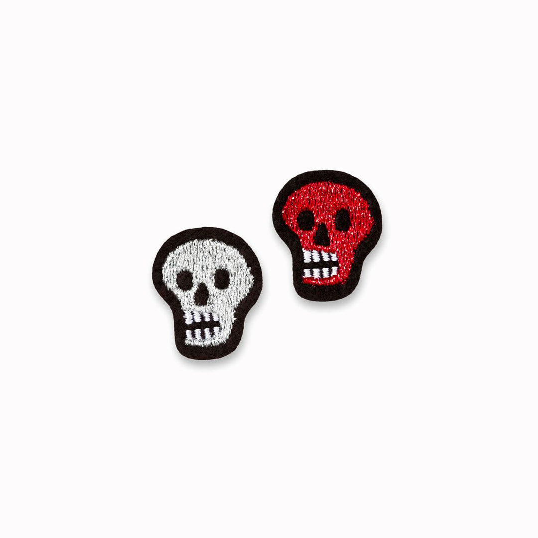 Alas, poor Yorick (and friend!) Red and silver skull patches for hiding holes or decorating clothes, bags or anything textile, From Macon & Lesquoy, French Embroidered badges and patches.