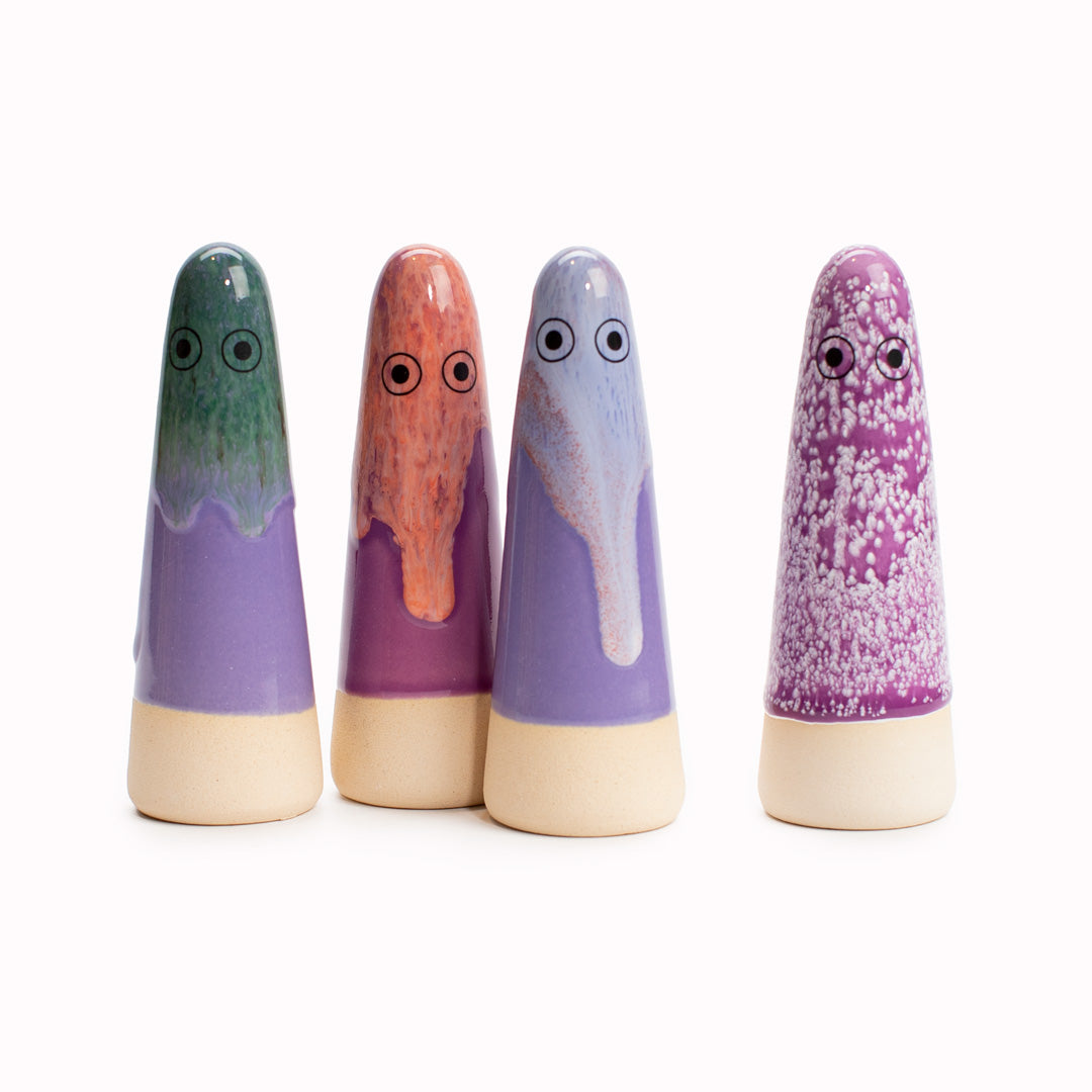 Japanese Inspired Ceramic Ghost Figurines in Purple tones from Studio Arhoj