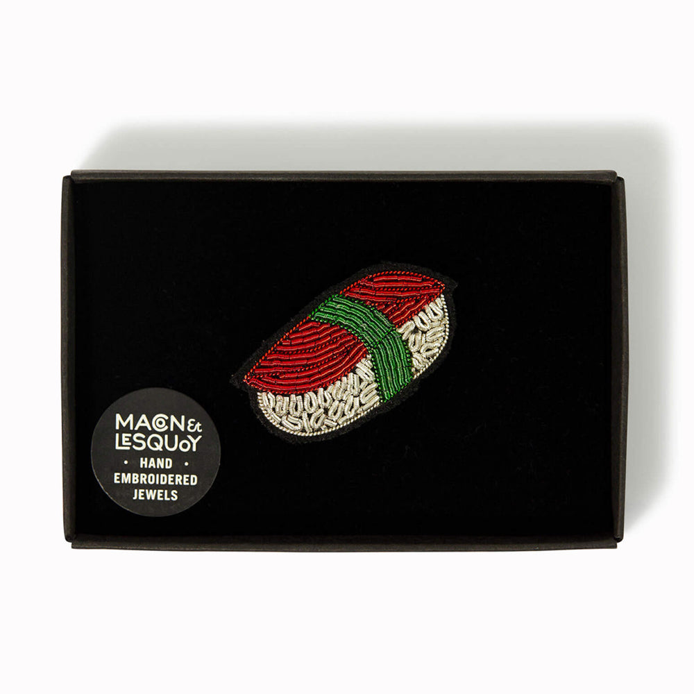 Delicious! Beautifully detailed, hand-embroidered lapel pin for the sushi lover  in a presentation box From Macon & Lesquoy, French Hand Embroidered badges and patches using Cannetille thread.