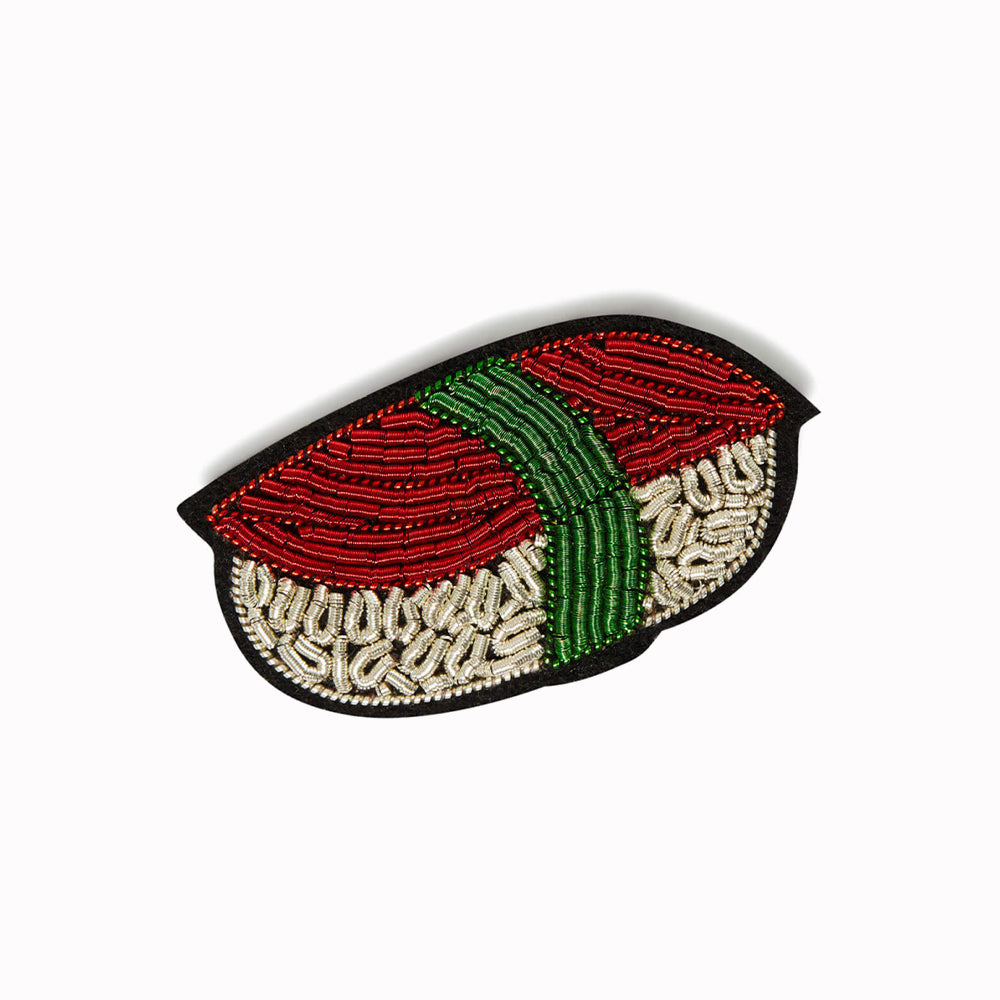Delicious! Beautifully detailed, hand-embroidered lapel pin for the sushi lover from Macon & Lesquoy, French Hand Embroidered badges and patches using Cannetille thread.