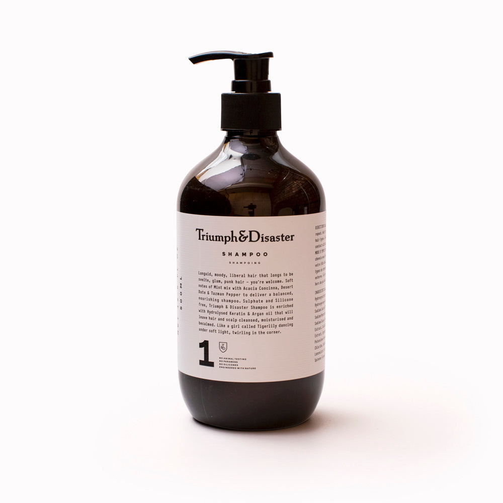 Triumph & Disaster's Acacia and Gypsophila shampoo is a deep cleansing, gentle foaming, 100% naturally derived shampoo. Perfect hair care performance in combination with their No 2 Conditioner. Product shot, pump bottle.