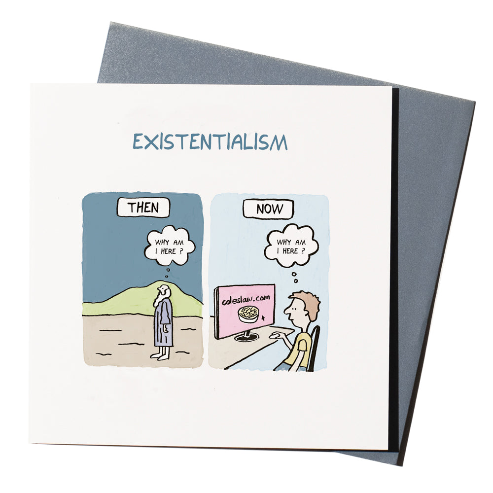 'Existentialism' is a funny greeting card featuring cartoonist John Atkinson for our 'Wrong Hands' range, featuring a man stuck in front of a computer pondering philosophy's great question - 'Why am I here?' 