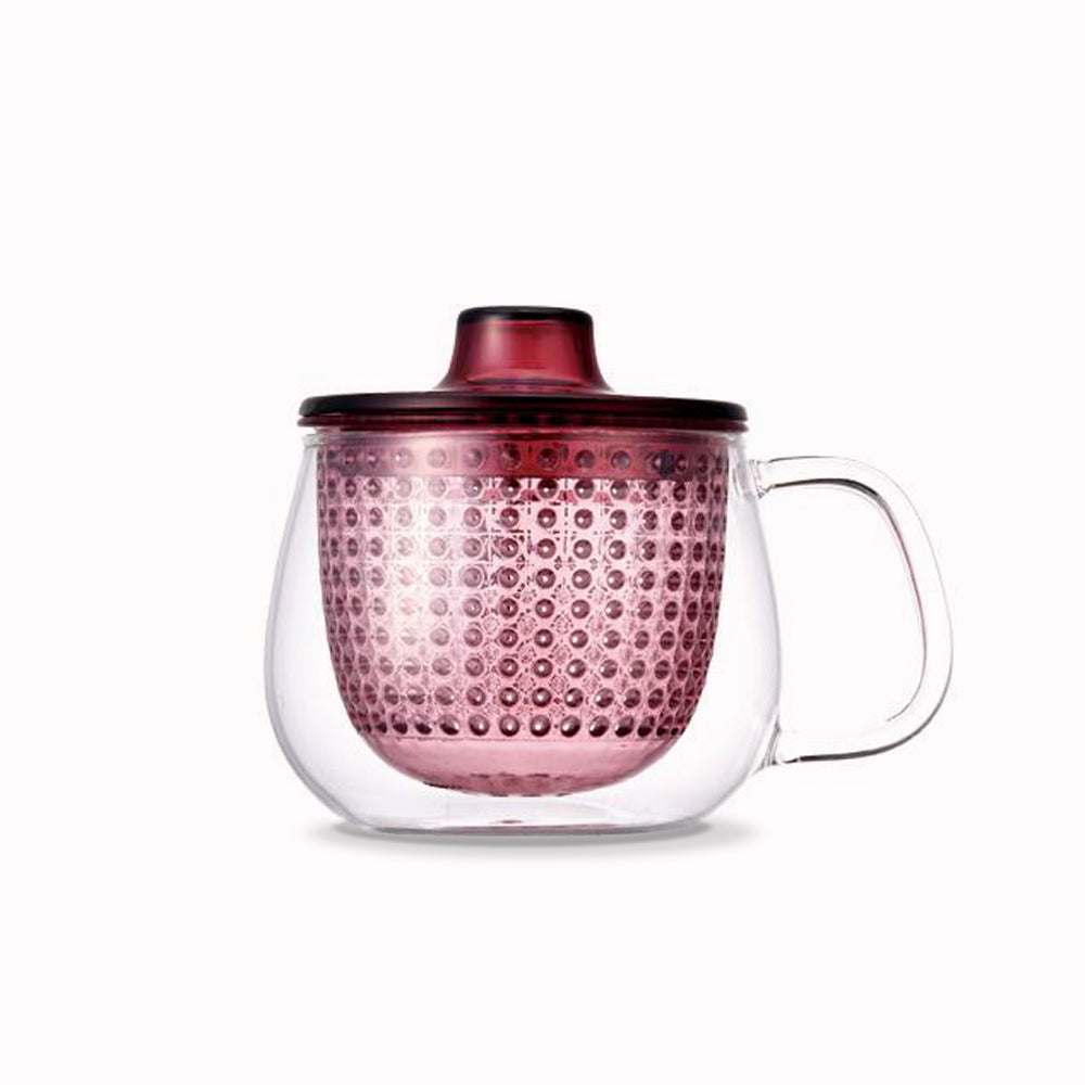 Red Unitea Mug and Strainer in one from Kinto, Works with any loose leaf tea, the large strainer allows space for the leaves to unfold to give you a perfect brew.