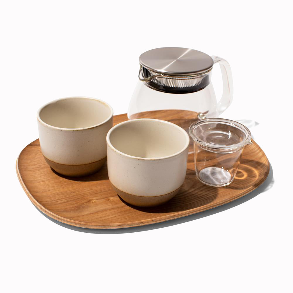 Unitea large non slip wooden tray, Ceramic Lab tumblers and Unitea One Touch teapot from Japanese brand Kinto.