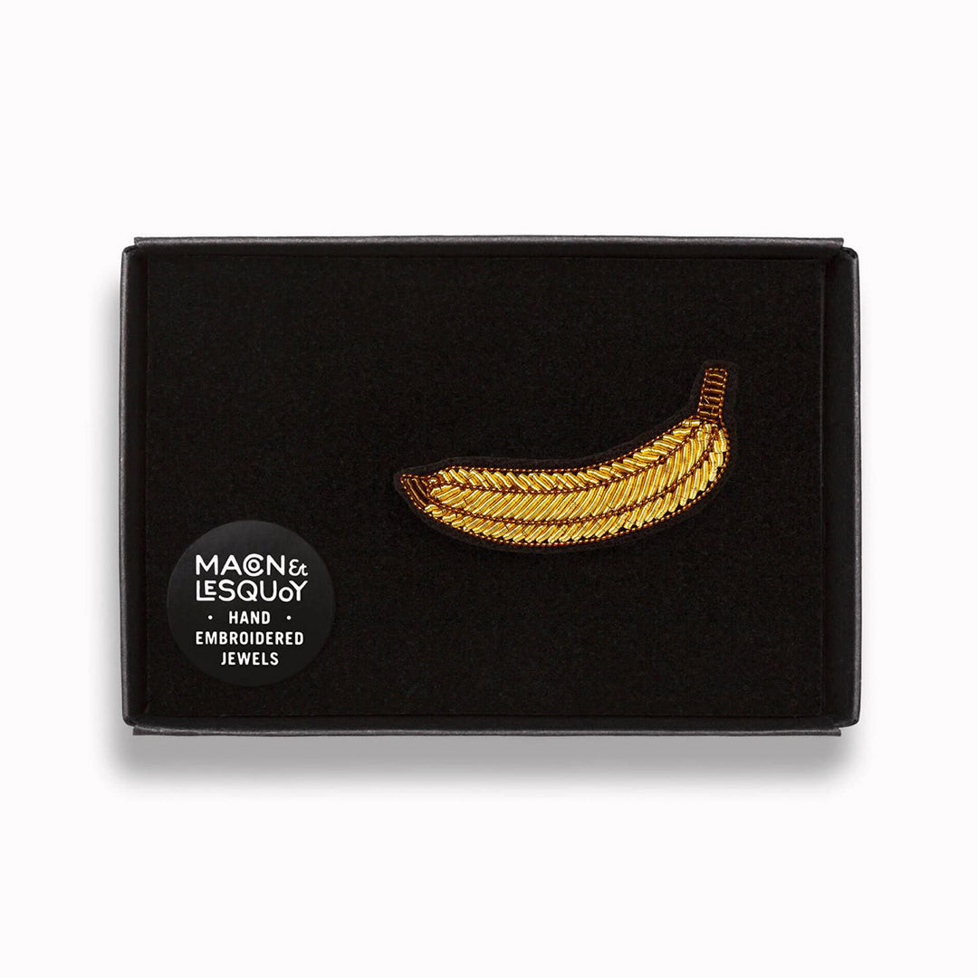 Make a statement with this fruity Banana hand embroidered decorative lapel pin in box by Paris based Macon et Lesquoy
