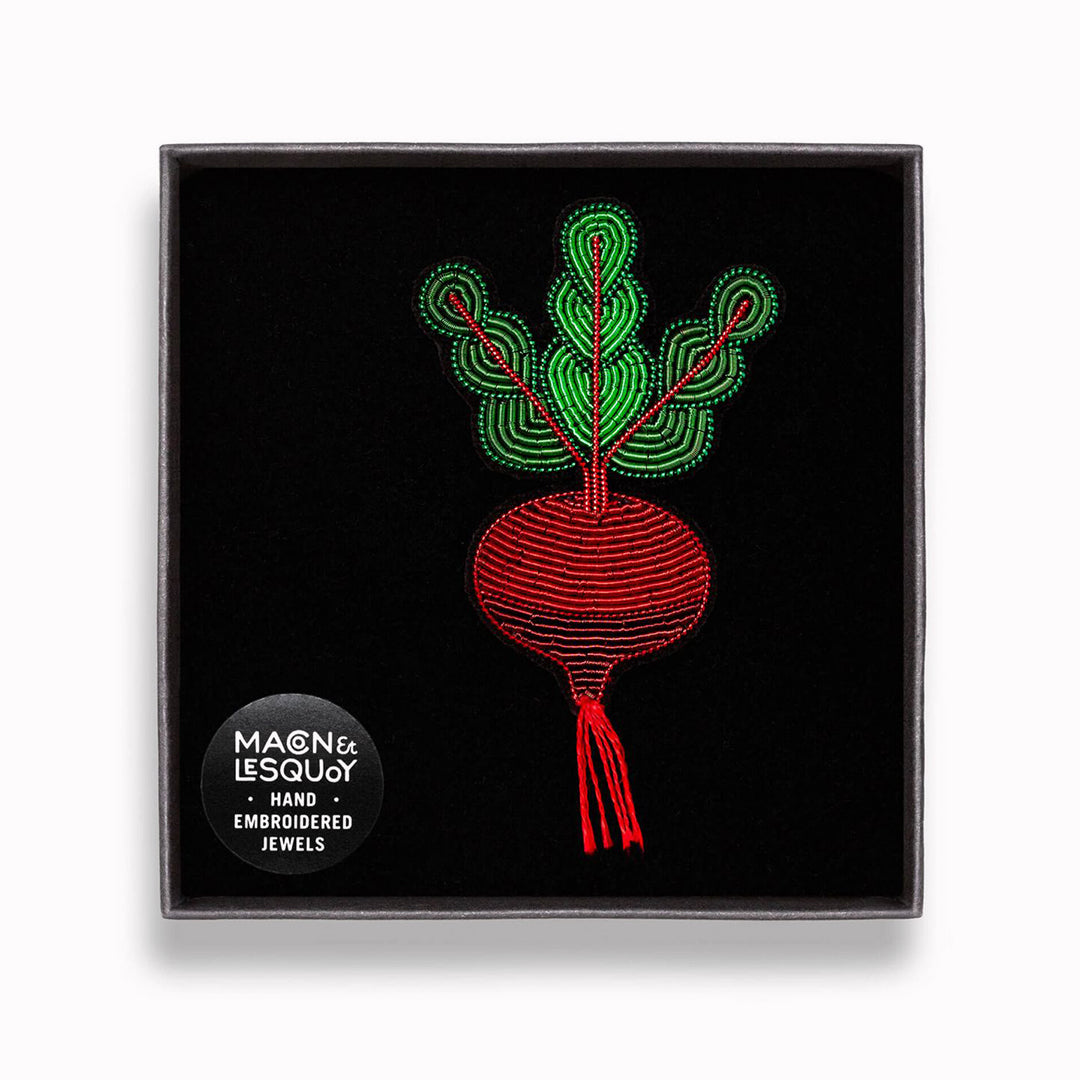 Make a statement with this earthy Beetroot hand embroidered decorative lapel pin ion box by Paris based Macon et Lesquoy