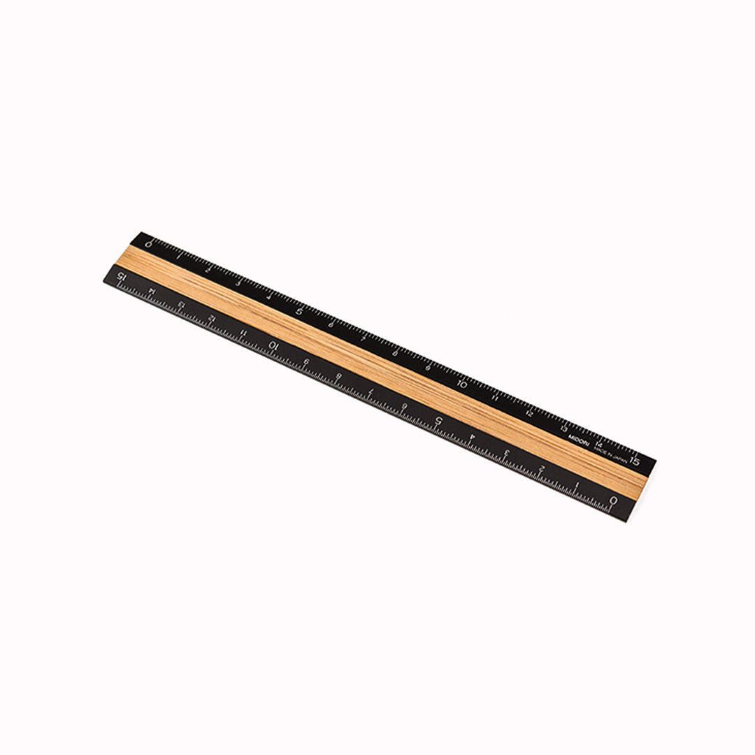 A stylish ruler with a bamboo texture and a black aluminum body. A 15cm ruler from Japanese Stationery manufacturer Midori