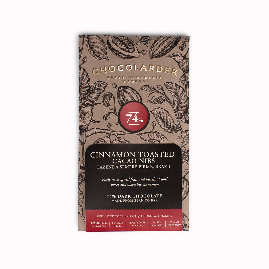 Cinnamon Toasted Cocoa Nibs 74% Dark Chocolate Bar from Chocolarder in Falmouth, UK