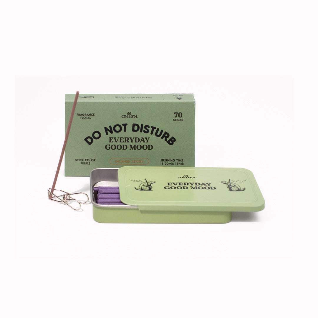 Do Not Disturb emits a subtle floral lavender scent to help focus calm the mind. Top notes of orchid and herb, middle notes of lavender, base notes of sandalwood and musk.   Everyday Good Mood Incense sticks by Collins Co. are traditional Korean incense sticks in a portable and giftable aluminium tin.