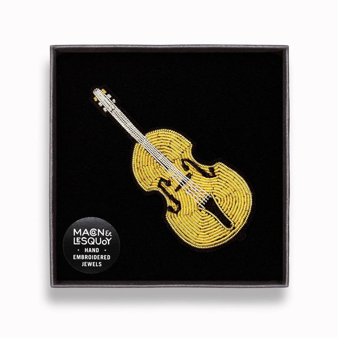 Make a statement with this beautiful Double Bass Guitar hand embroidered decorative lapel pin in box by Paris based Macon et Lesquoy