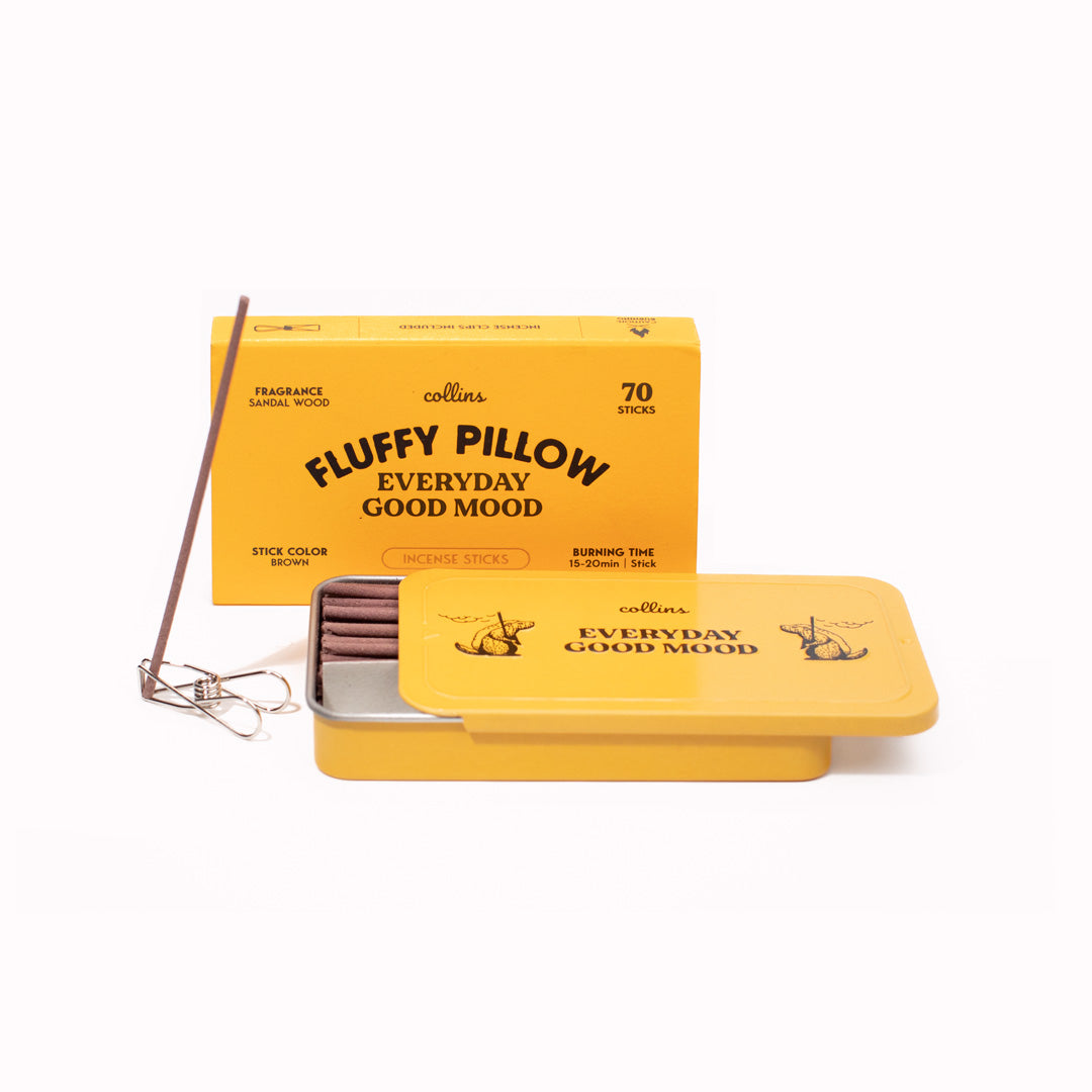 Fluffy Pillow is a woody fragrance with the sweet scent of sandalwood to aid relaxation. Top notes of vetiver, middle notes of patchouli and musk, base notes of sandalwood and amber.Everyday Good Mood Incense sticks by Collins Co. are traditional Korean incense sticks in a portable and giftable aluminium tin.