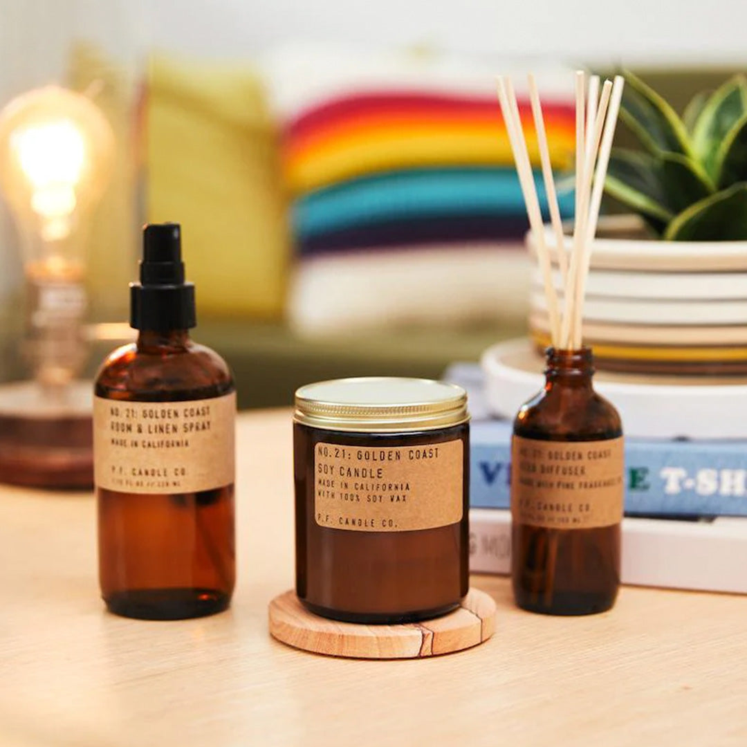 PF Candle Co Golden Coast Room and Linen Spray. Supplied in apothecary inspired amber glass bottles with their signature kraft label, part of PFCandleCo core collection.