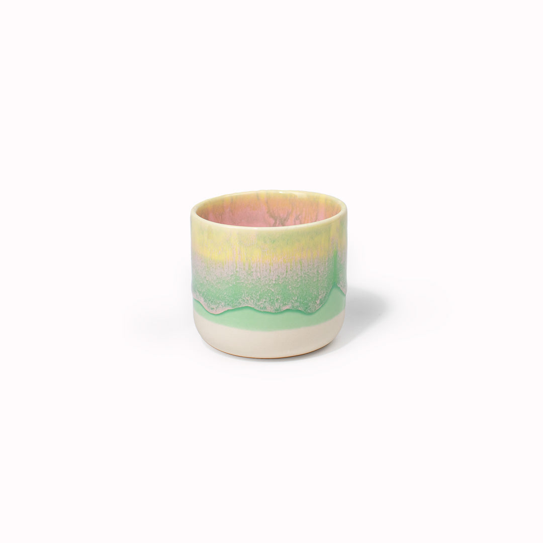 Multi coloured pastels, The Juicy Guava, A Danish/Japanese mix up, hand made ceramic small beakers from Studio Arhoj with thick glaze. Can be used as a drinking vessel for espresso or a morning juice or as a small succulent planter (or simply beautifully ornamental.)