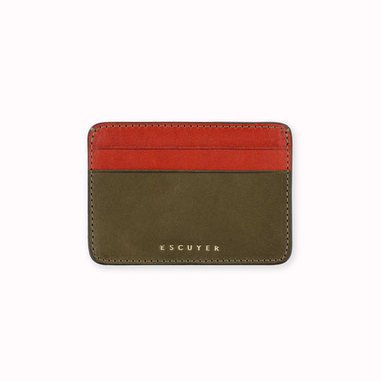 Elegant leather cardholder front from Escuyer, featuring khaki and orange vegetable dyed colour tones for a stylish appearance. Handmade by Portuguese artisans using leather from a tannery in Tuscany, Italy.