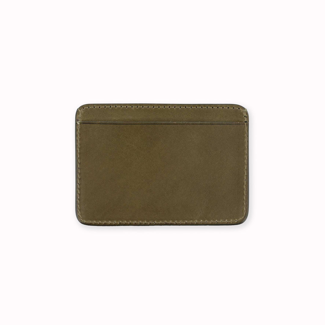 Elegant leather cardholder rearview from Escuyer, featuring khaki and orange vegetable dyed colour tones for a stylish appearance. Handmade by Portuguese artisans using leather from a tannery in Tuscany, Italy.