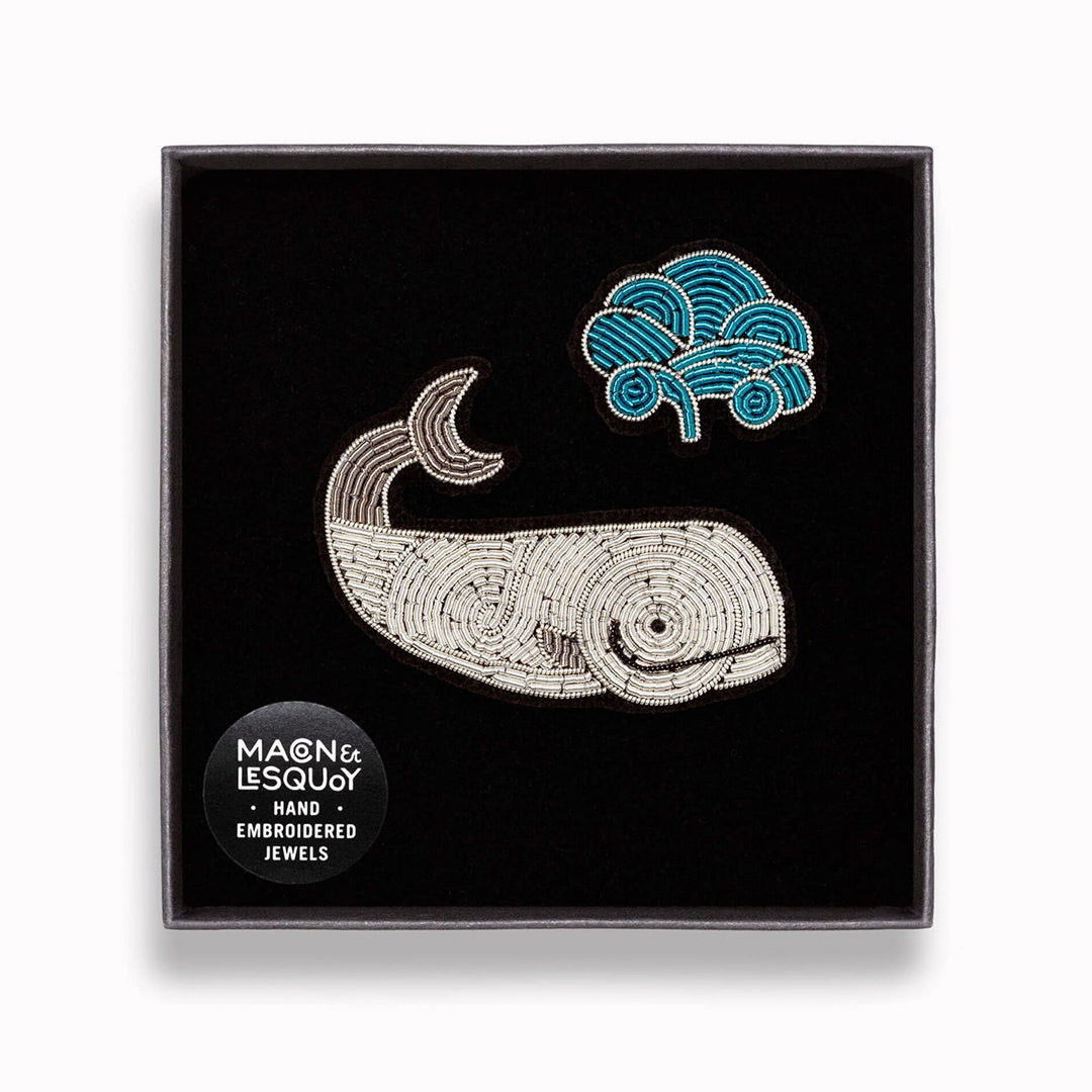 Moby Dick Whale hand embroidered decorative lapel pin in a presentation box From Macon & Lesquoy, French Hand Embroidered badges and patches using Cannetille thread.