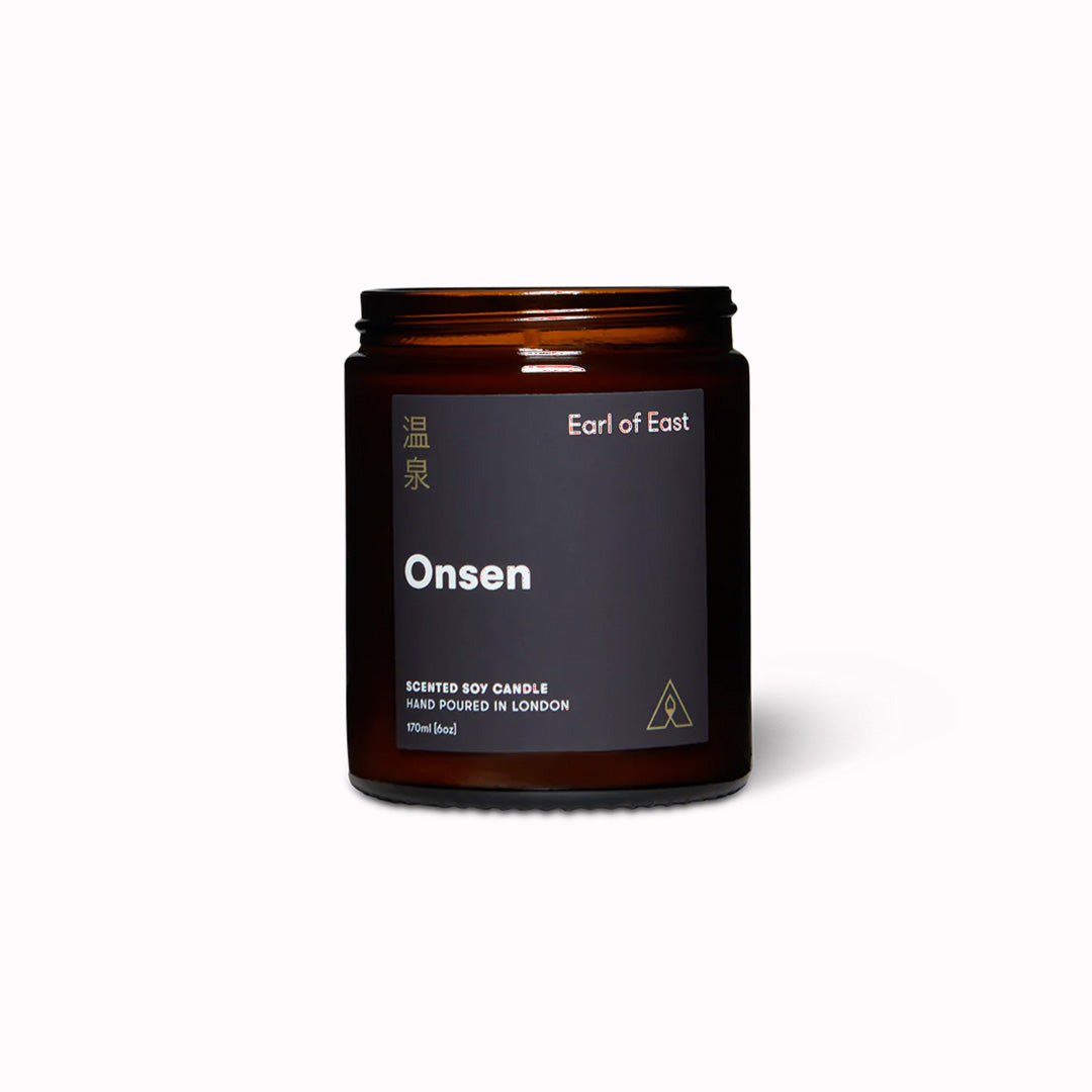 Onsen Candle with open lid by Earl of East, An uplifting blend of peppermint, eucalyptus and mandarin, Onsen is inspired by the hot springs of Japan.