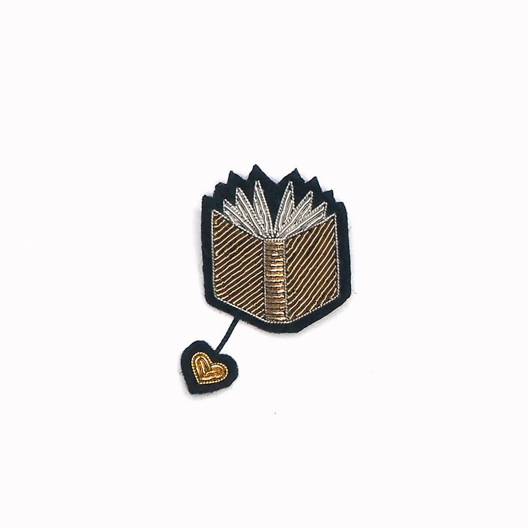 Open Book hand embroidered decorative lapel pin, From Macon & Lesquoy, French Hand Embroidered badges and patches using Cannetille thread.