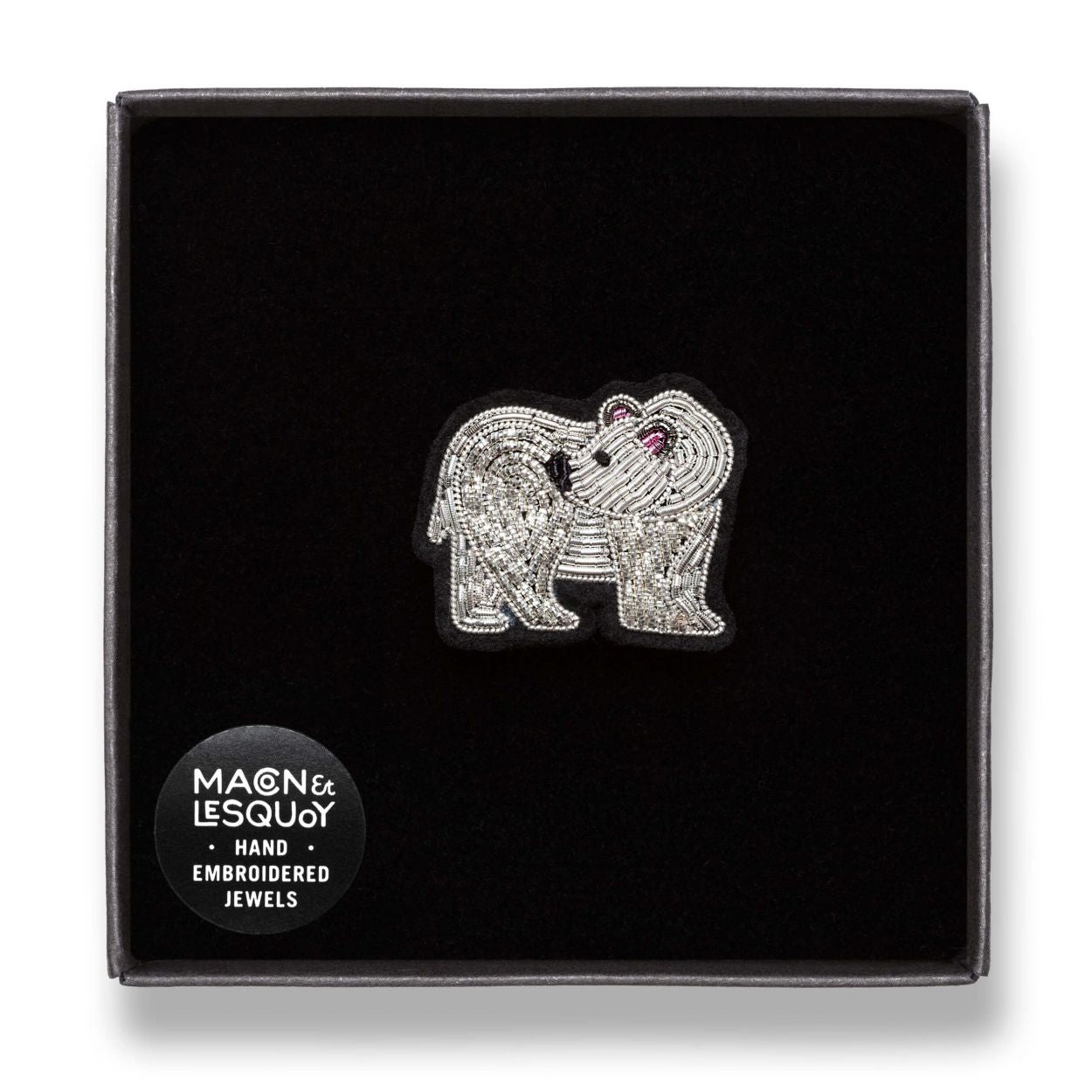 A cute and super-cool Polar Bear hand-embroidered decorative lapel pin in a presentation box From Macon & Lesquoy, French Hand Embroidered badges and patches using Cannetille thread.