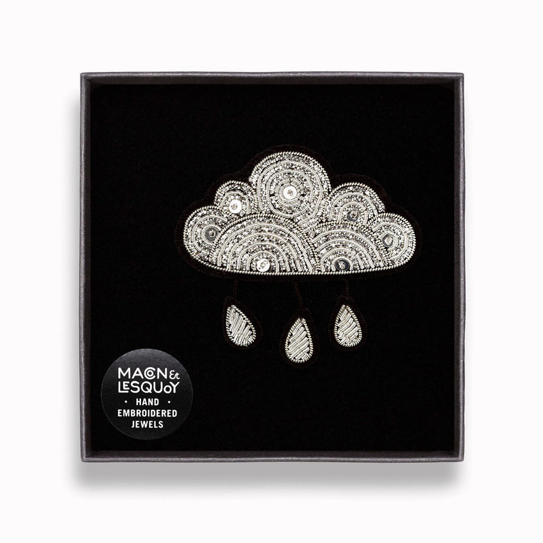 Make a statement with this beautiful Rain Cloud hand embroidered decorative lapel pin in box by Paris based Macon et Lesquoy