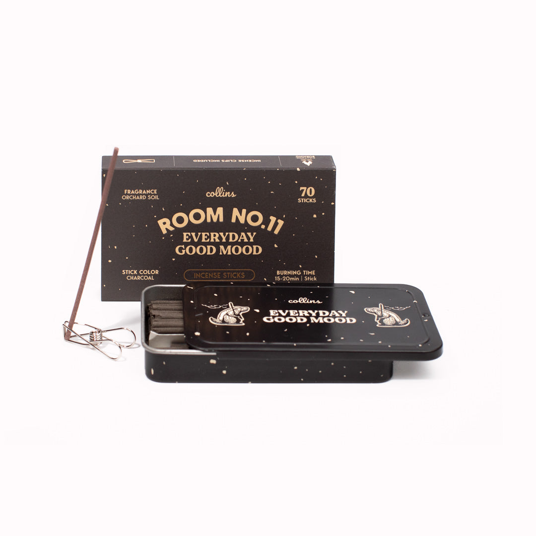 Room No. 11 provides a woody and citrus scent reminiscent of 'orchard soil'. Top notes of citrus herb and bergamot, middle notes of smoky soil, base notes of cedar wood and sandalwood. Everyday Good Mood Incense sticks by Collins Co. are traditional Korean incense sticks in a portable and giftable aluminium tin. 