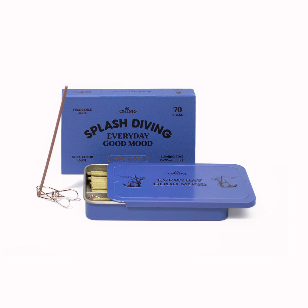 Splash Diving is fragranced with top notes of water mint, middle notes of jasmine and moss, base notes of sandalwood and white musk.Everyday Good Mood Incense sticks by Collins Co. are traditional Korean incense sticks in a portable and giftable aluminium tin.  