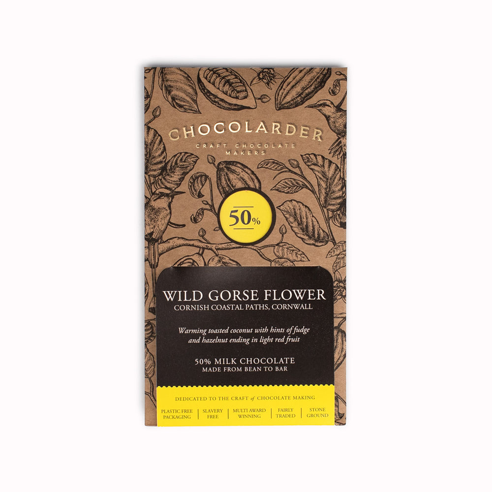 Wild Gorse Flower 50% Milk Chocolate Bar from Chocolarder in Falmouth, UK.