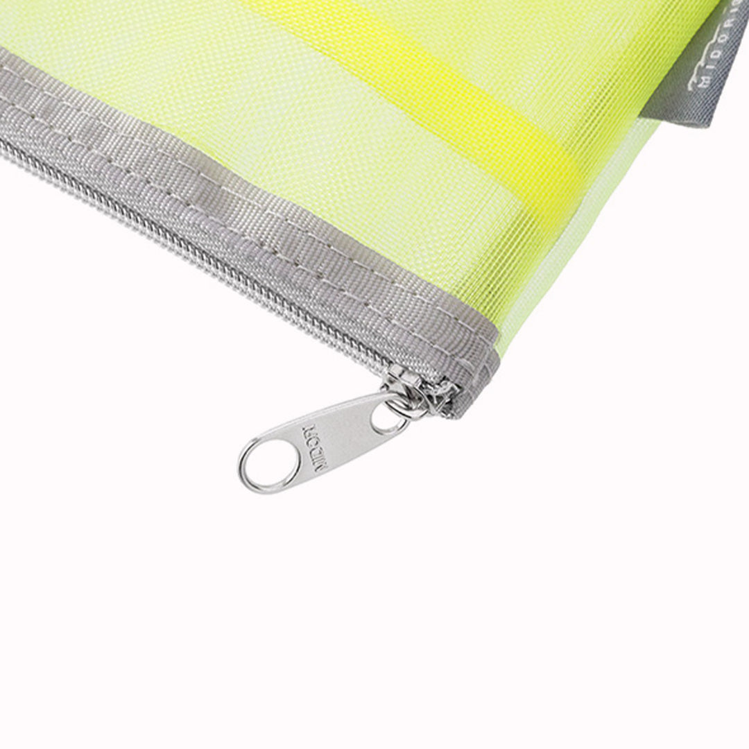 Yellow Green mesh pen or tool pouch detail image from Midori, the Japanese Stationery brand has many uses, as a pencil case or a makeup bag.